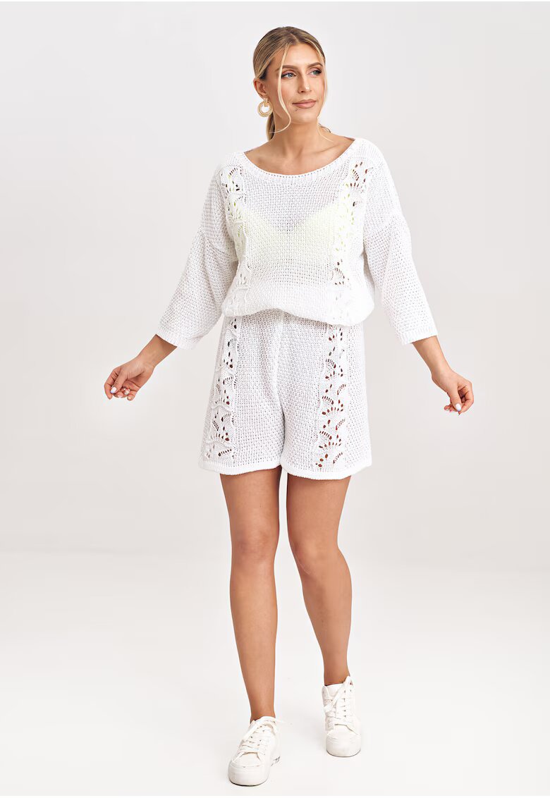 Figl Set tricotat pentru femei - bluza cu maneci 3/4 si pantaloni scurti - ecru - acrilic 50% - bumbac 50% -
