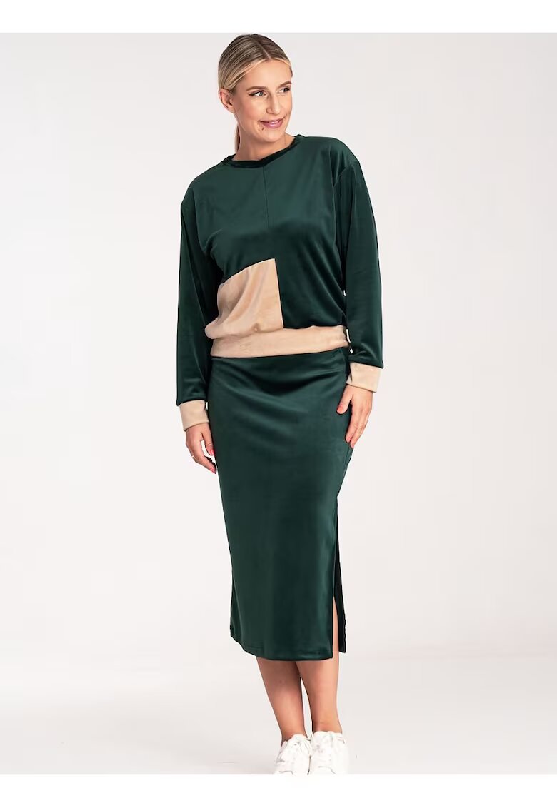Figl Set velur bluza cu maneci lungi si fusta creion - verde - poliester - Verde
