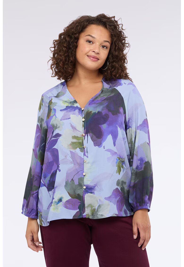 Fiorella Rubino Camasa cu mansete elastice si model floral - Albastru lavanda/Kaki inchis/Ametist