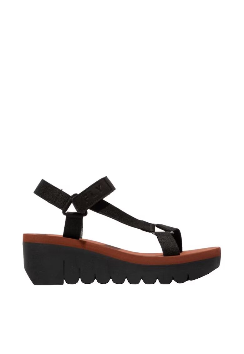 Fly London Sandale dama cu talpa wedge - Yefa 726 - Textil/Piele naturala - Negru