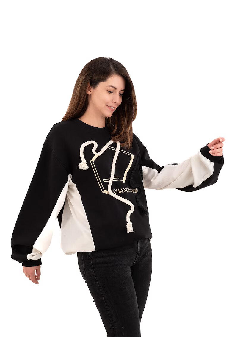 FOLD YOUR MIND Bluza de trening cu imprimeu text - Negru/Bej