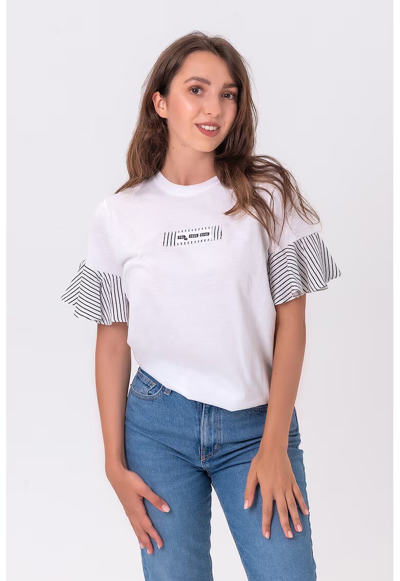 FOLD YOUR MIND Tricou din amestec de bumbac cu maneci cu volane - Negru/Alb optic