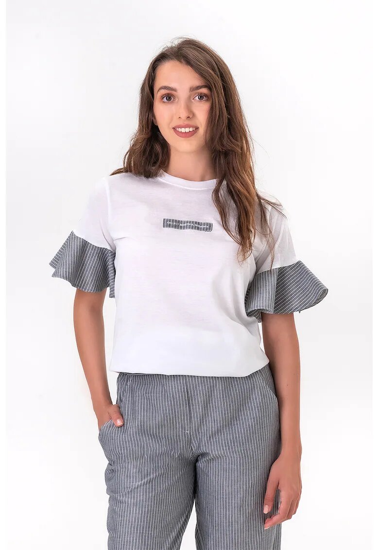 FOLD YOUR MIND Tricou supradimensionat cu maneci cu volane - Alb/Gri