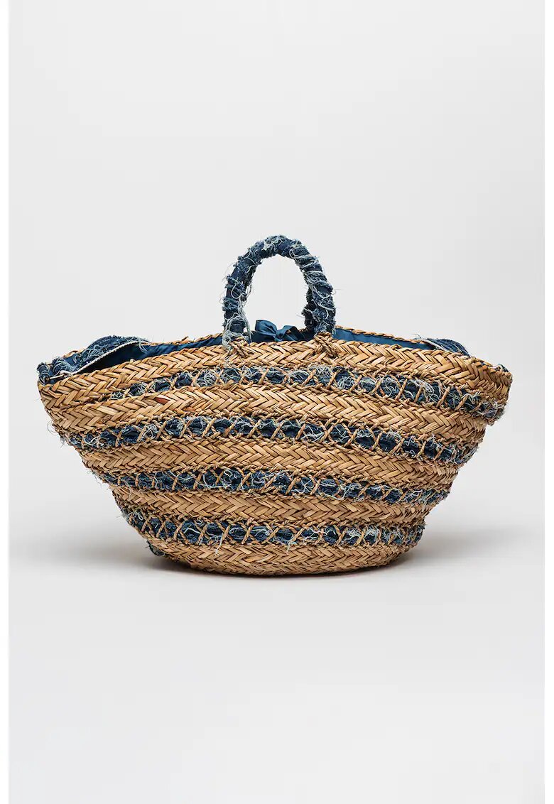 Francesca Rossi Geanta tote de paie cu garnituri din denim - Bej deschis/Bleumarin