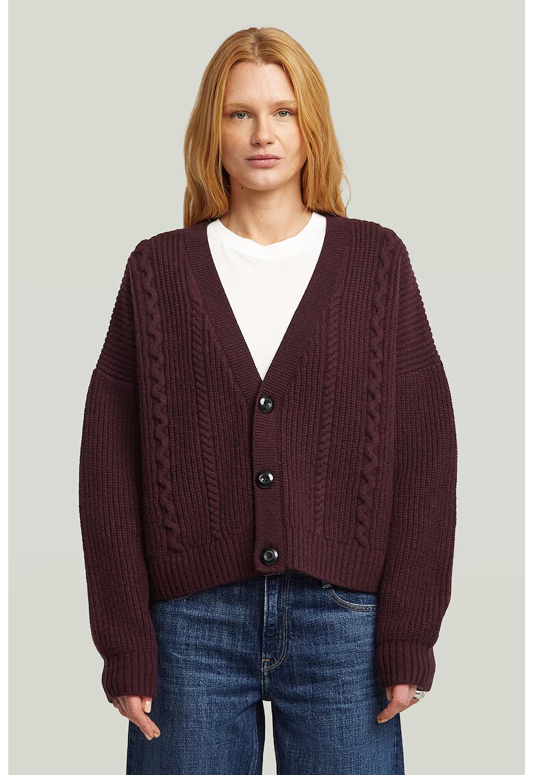 G-STAR Cardigan din lana cu model torsade - Visiniu