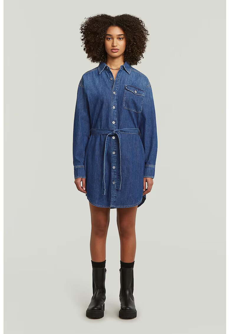 G-STAR Rochie-camasa mini din denim cu cordon in talie - Albastru inchis