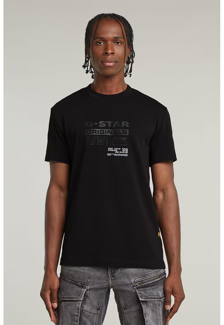 G-STAR Tricou cu decolteu la baza gatului si imprimeu logo - Negru/Alb murdar