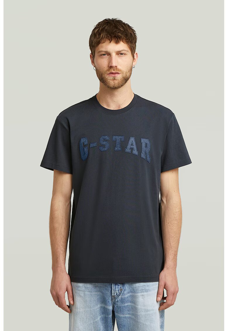 G-STAR Tricou cu logo si decolteu la baza gatului - Albastru inchis/Bleumarin