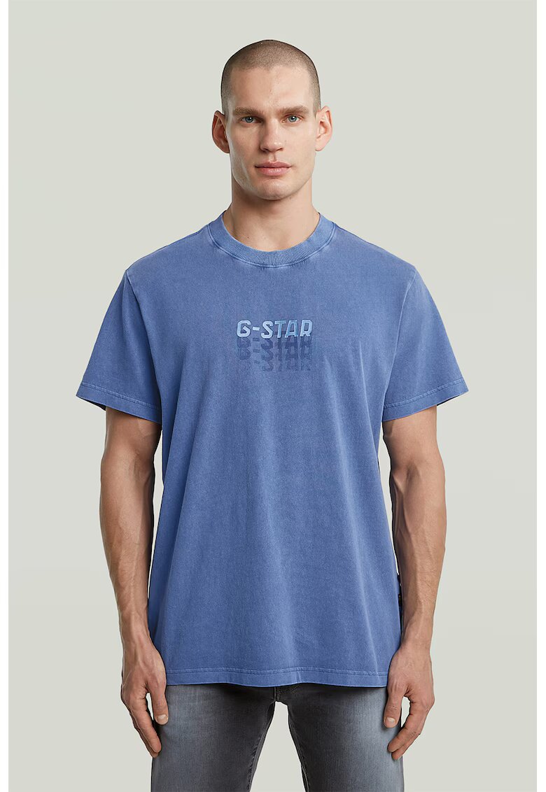G-STAR Tricou din bumbac organic cu decolteu la baza gatului - Albastru azur