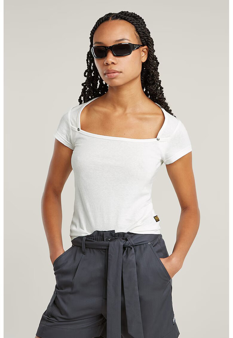 G-STAR Tricou din bumbac organic cu decolteu patrat - Alb murdar