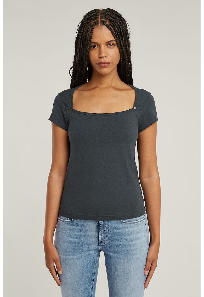 G-STAR Tricou din bumbac organic cu decolteu patrat - Albastru petrol