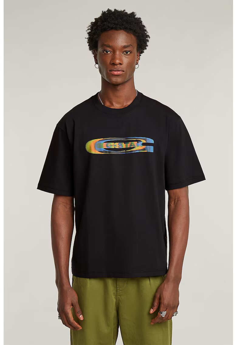G-STAR Tricou din bumbac organic cu imprimeu pe piept - Negru/Galben/Albastru