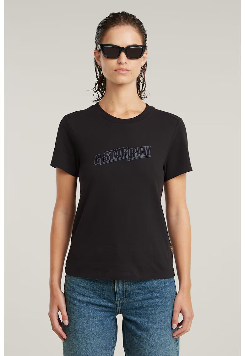 G-STAR Tricou din bumbac organic cu logo - Negru/Albastru lavanda
