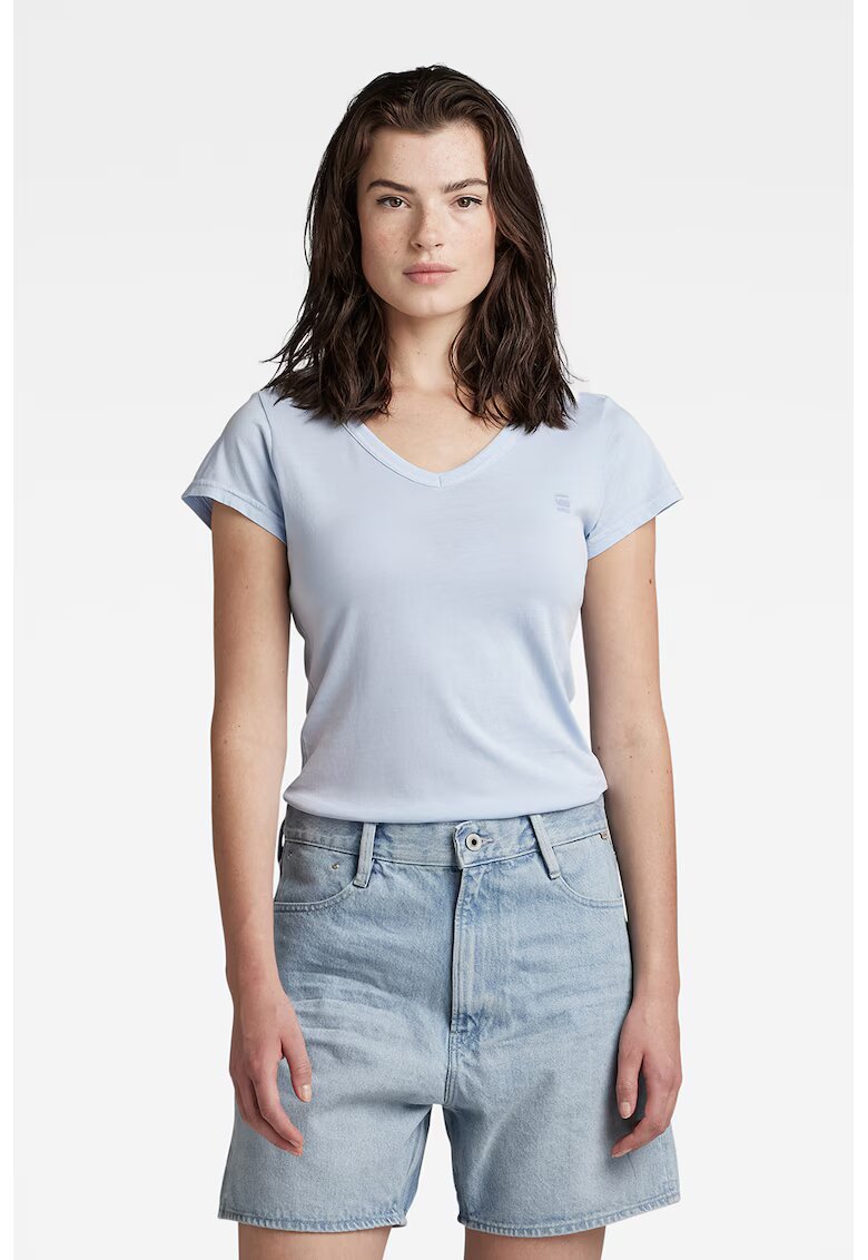 G-STAR Tricou slim fit din bumbac organic cu decolteu in V Eyben - Albastru pastel