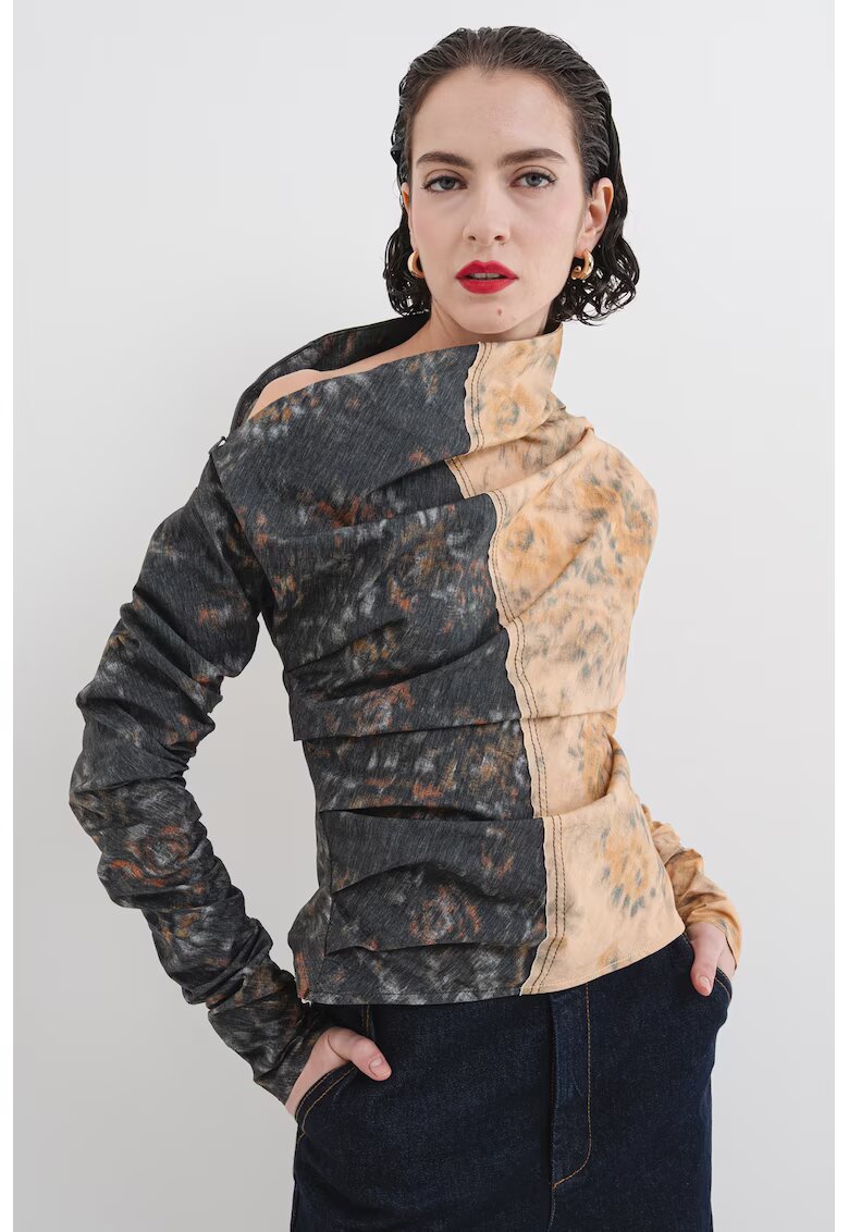 GANNI Bluza asimetrica cu model in fronseuri - Portocaliu persan/Gri antracit