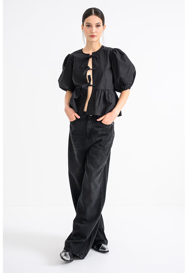 GANNI Bluza de bumbac cu maneci bufante - Negru