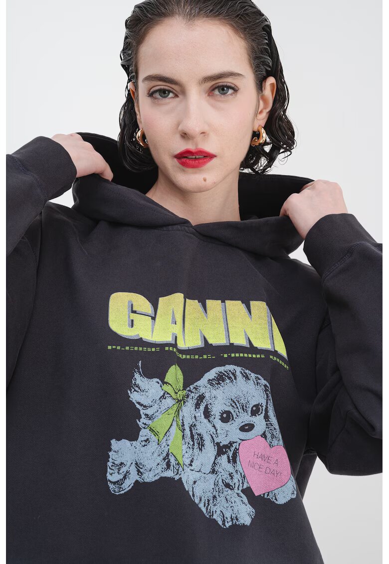 GANNI Hanorac de bumbac cu imprimeu grafic - Gri/Verde lime/Gri antracit