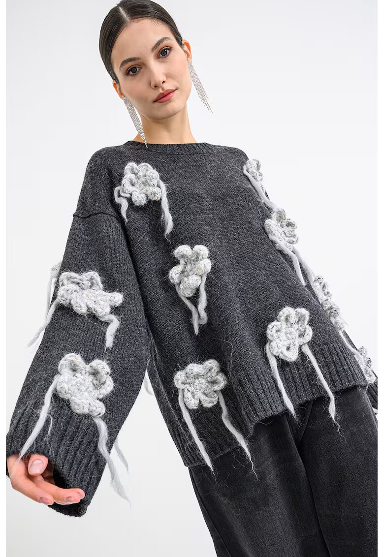 GANNI Pulover din amestec de lana cu detalii florale - Gri deschis melange/Gri antracit