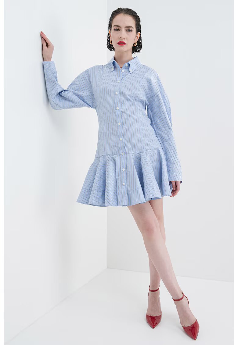 GANNI Rochie-camasa mini cu croiala evazata si maneci lungi - Alb/Albastru pastel/Albastru ultramarin