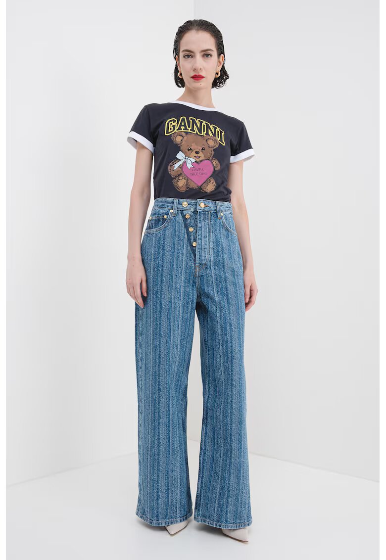 GANNI Tricou de bumbac cu imprimeu cu ursulet - Maro/Roz zmeuriu/Gri antracit