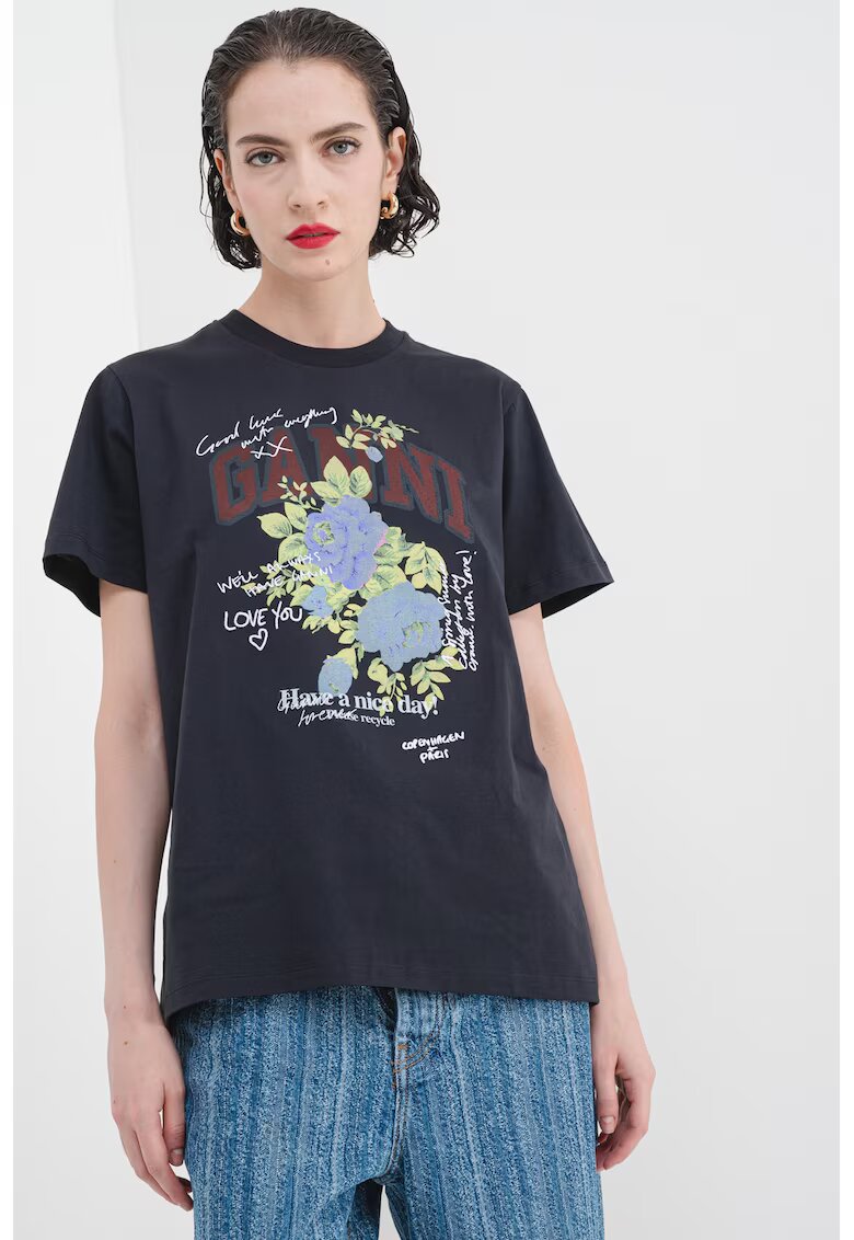 GANNI Tricou de bumbac cu imprimeu floral - Verde/Albastru/Gri antracit