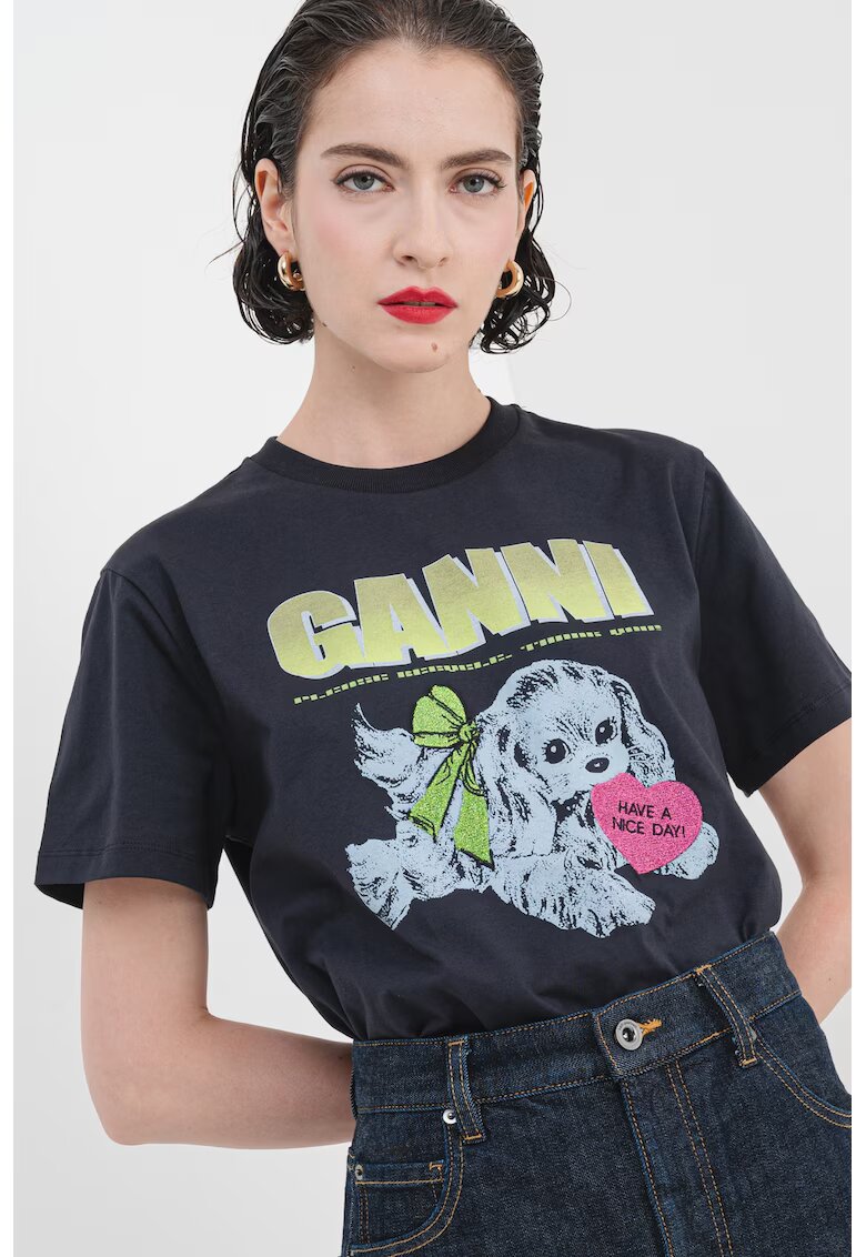 GANNI Tricou de bumbac cu imprimeu grafic - Fucsia/Verde lime/Gri antracit