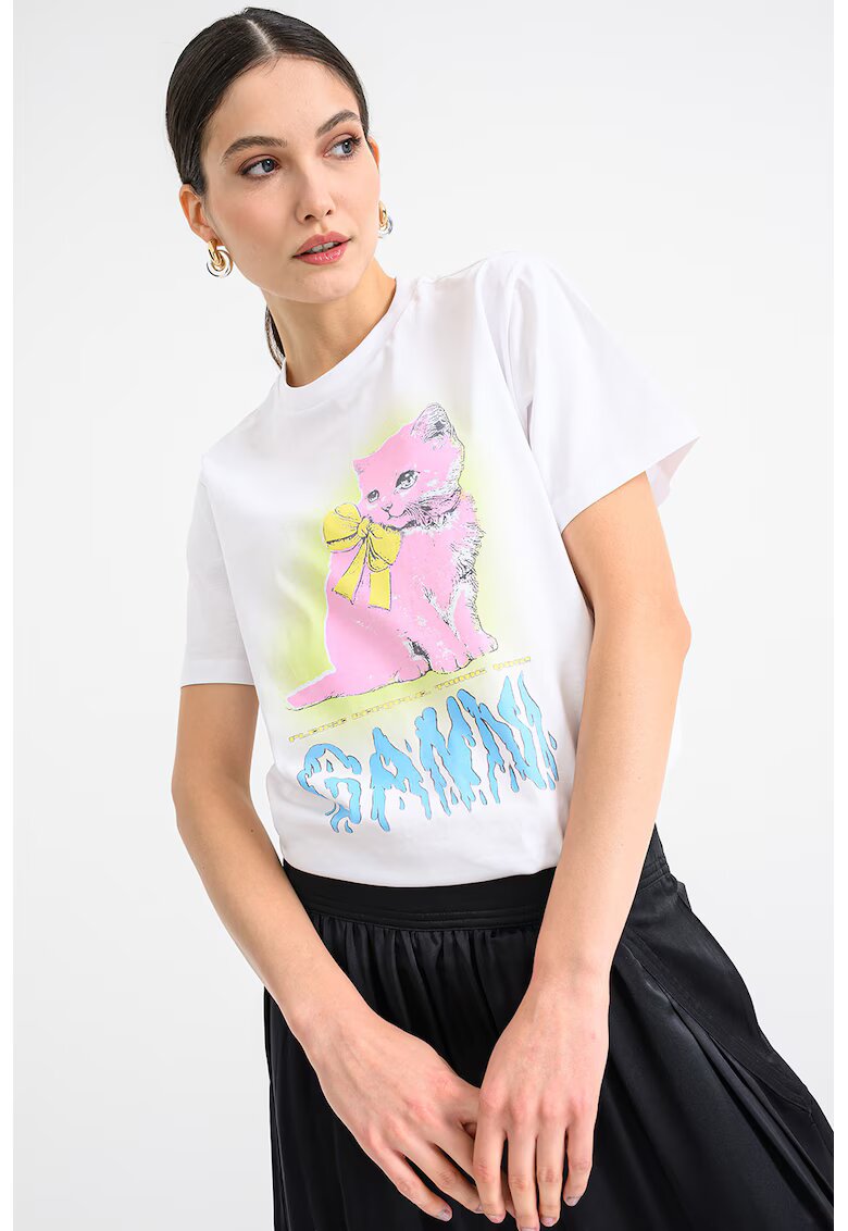 GANNI Tricou din bumbac cu imprimeu pisica - Alb/Roz/Albastru