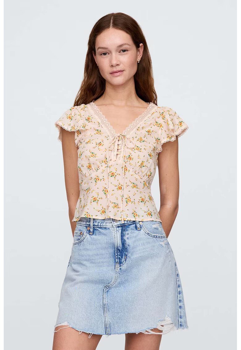 GAP Bluza cu model floral si insertii de dantela - Verde/Galben/Piersica