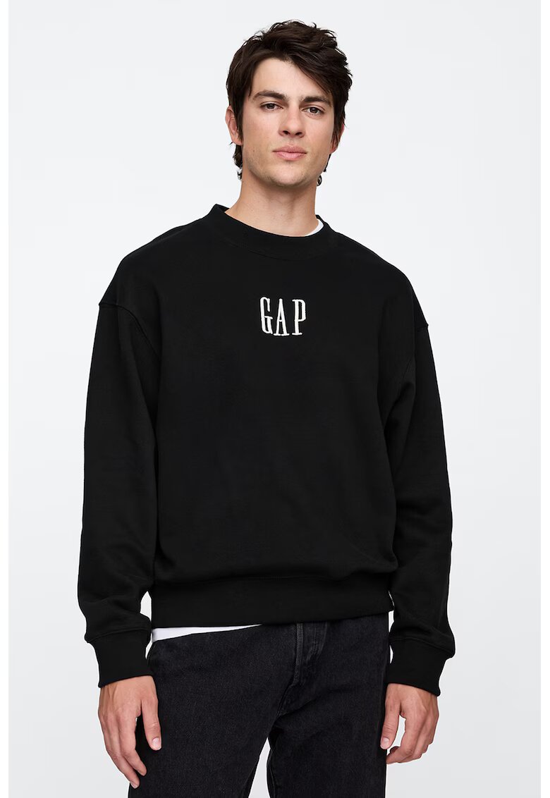 GAP Bluza de trening relaxed fit cu logo si decolteu la baza gatului - Alb/Negru