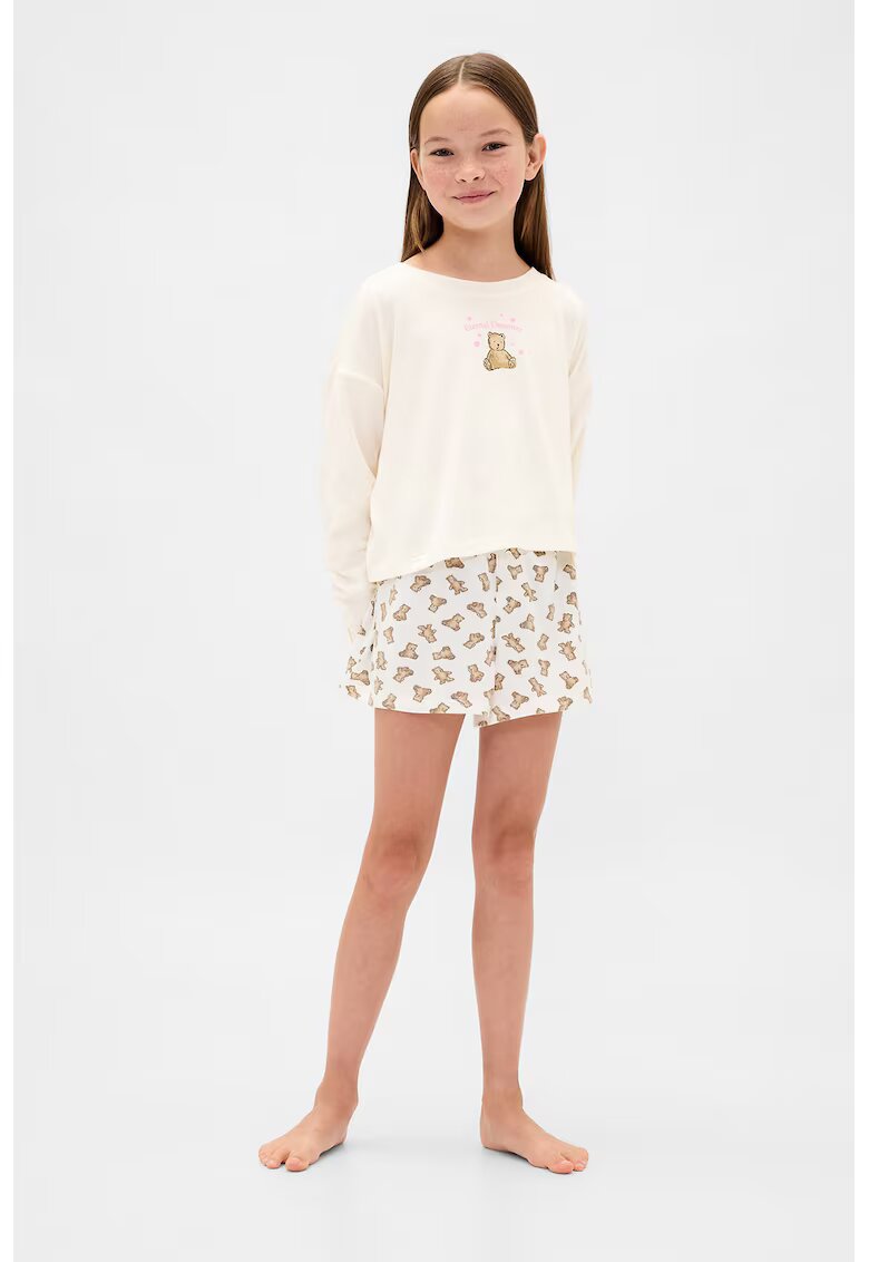 GAP Pijama cu imprimeu - maneci lungi si pantaloni scurti - Alb fildes/Maro deschis