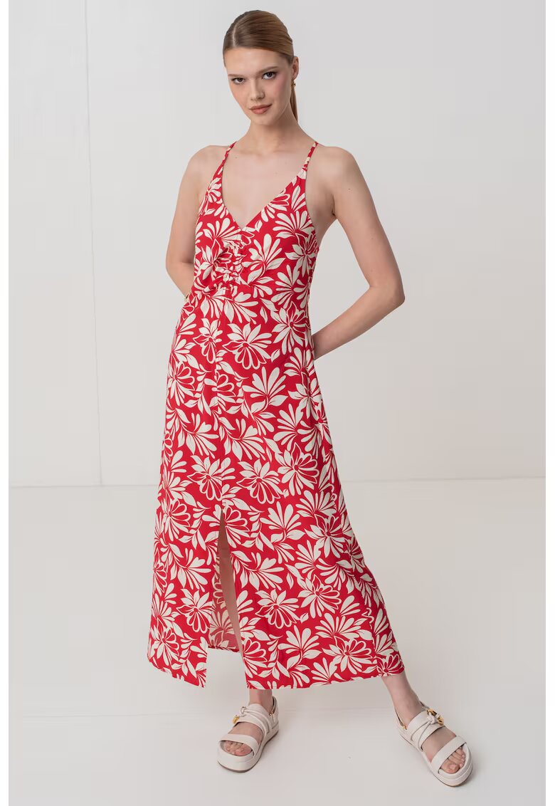 GAP Rochie cu imprimeu - decolteu in V si slit frontal - Rosu vermillion/Alb murdar