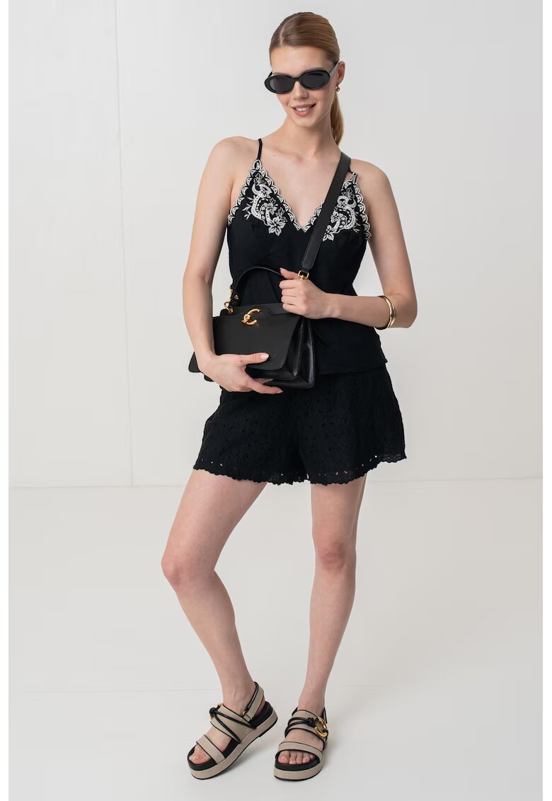 GAP Top din amestec de in cu detaliii florale brodate - Alb fildes/Negru