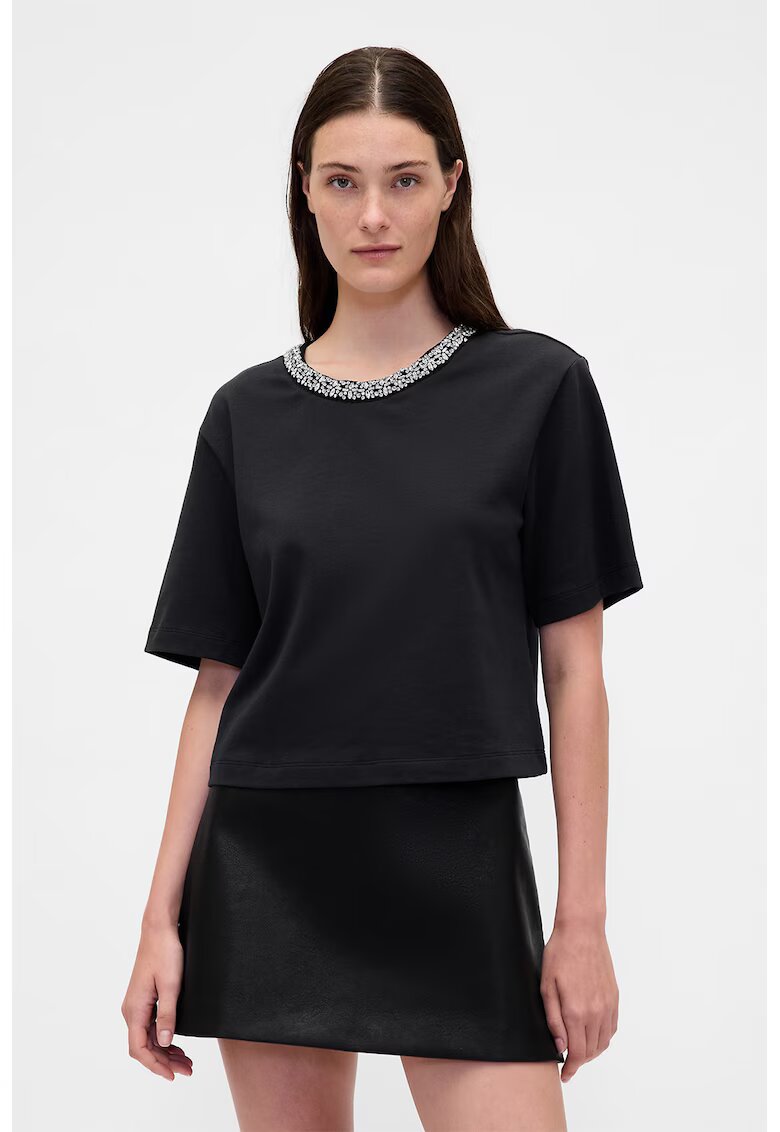 GAP Tricou crop cu decolteu-bijuterie - Negru