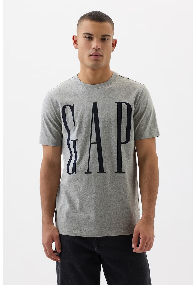 GAP Tricou cu logo supradimensionat si decolteu la baza gatului - Negru/Gri deschis melange