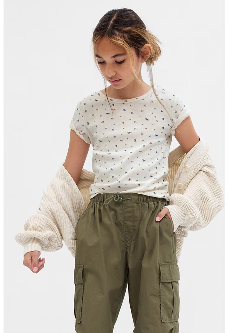 GAP Tricou cu model floral si decolteu la baza gatului - Alb murdar