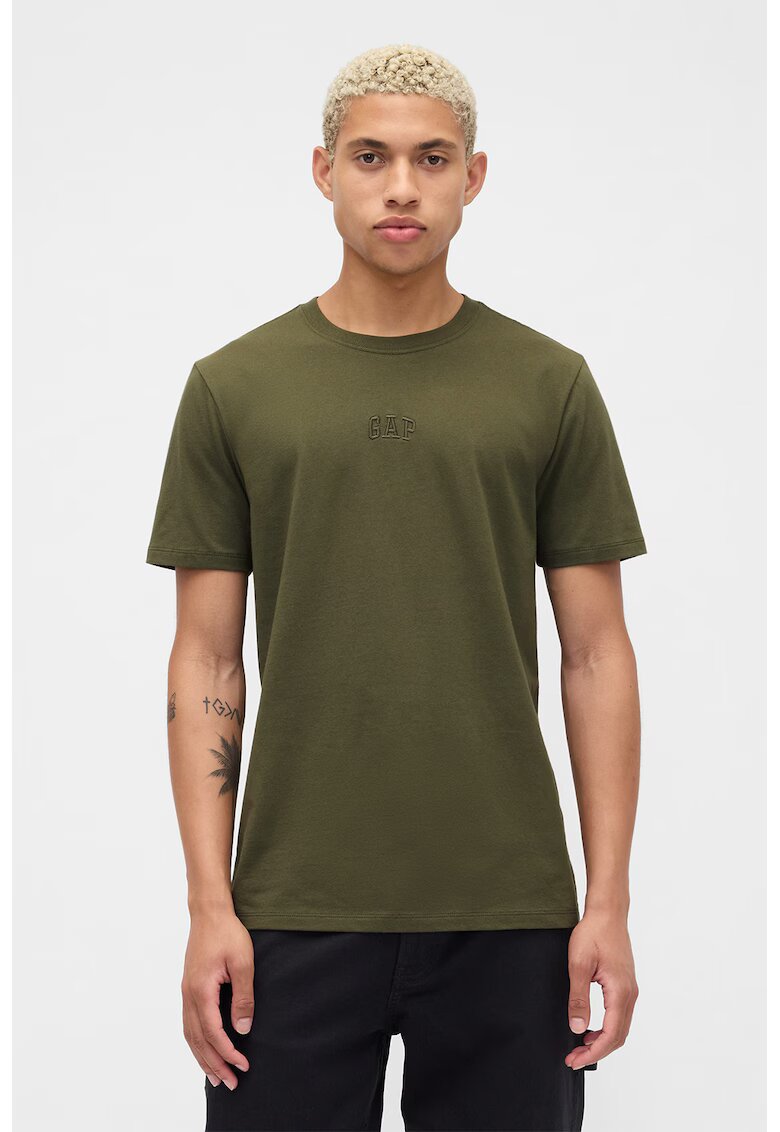 GAP Tricou din bumbac cu decolteu la baza gatului - Kaki inchis