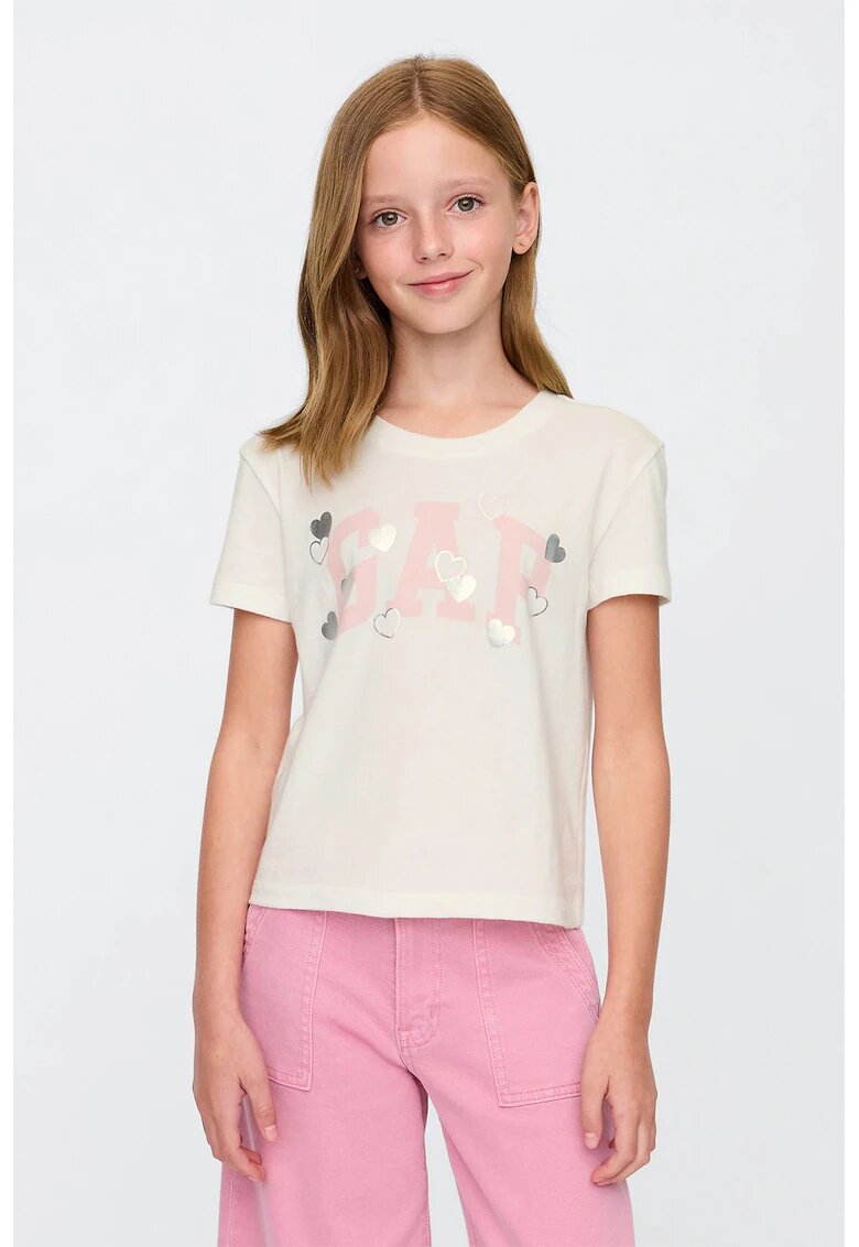 GAP Tricou din bumbac cu imprimeu logo - Alb murdar/Roz