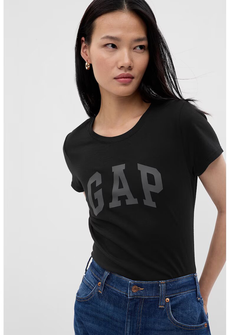 GAP Tricou din bumbac cu imprimeu logo pe piept - Negru/Gri antracit