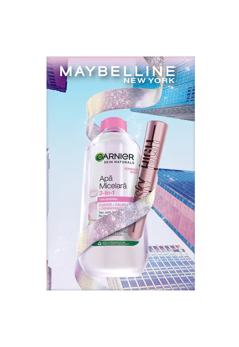 Garnier Set Cadou Ingrijire Ten si Makeup - Apa Micelara Skin Naturals pentru ten sensibil - 400 ml + Mascara pentru volum si alungire Maybelline Lash Sensational Sky High Black - 7.2 ml