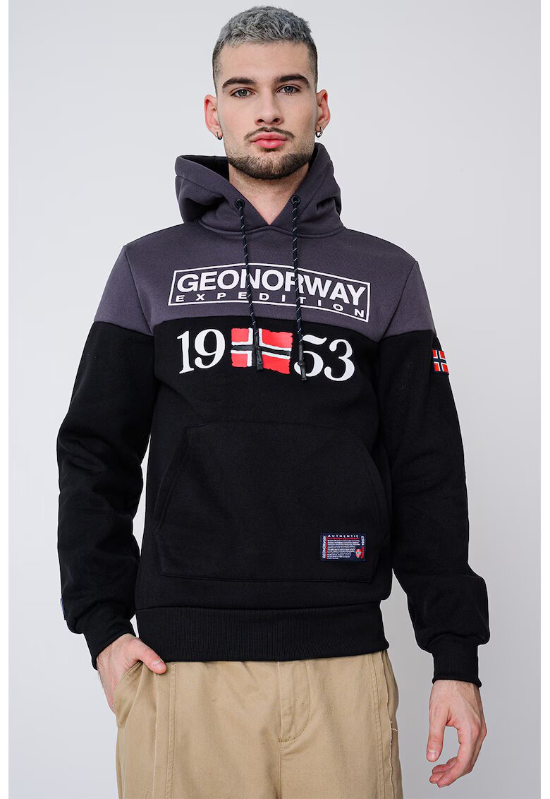 Geographical Norway Hanorac cu buzunar kangaroo si imprimeu Greg - Rosu/Alb optic/Gri inchis