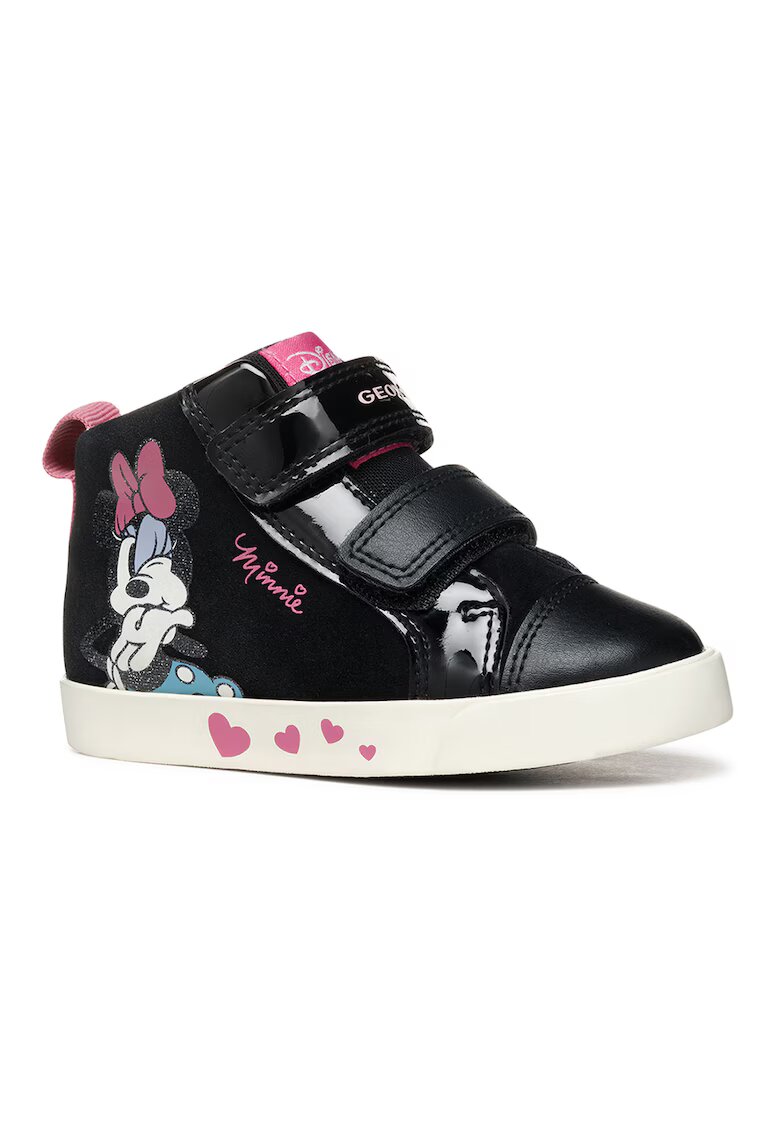Geox Pantofi sport cu garnituri din piele intoarsa si detaliu cu Minnie Mouse - Negru/Alb murdar/Roz