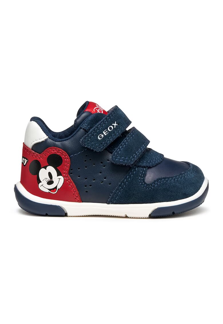 Geox Pantofi sport cu inchidere velcro - garnituri din piele intoarsa si model cu Mickey Mouse - Rosu/Bleumarin