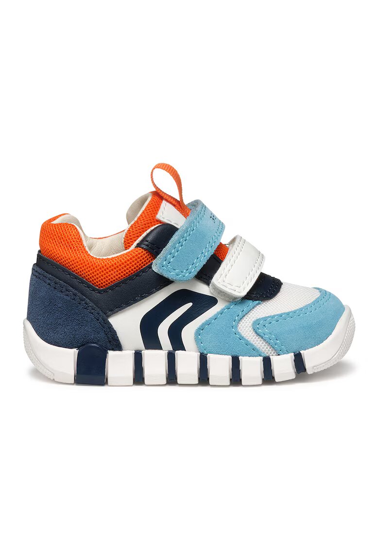 Geox Pantofi sport cu velcro - model colorblock si garnituri din piele intoarsa - Albastru deschis/Oranj