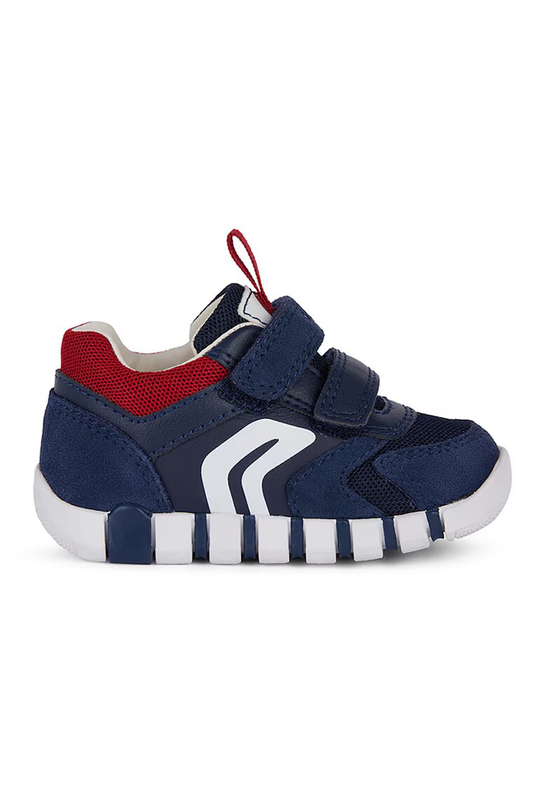 Geox Pantofi sport cu velcro - model colorblock si garnituri din piele intoarsa - Rosu inchis/Bleumarin