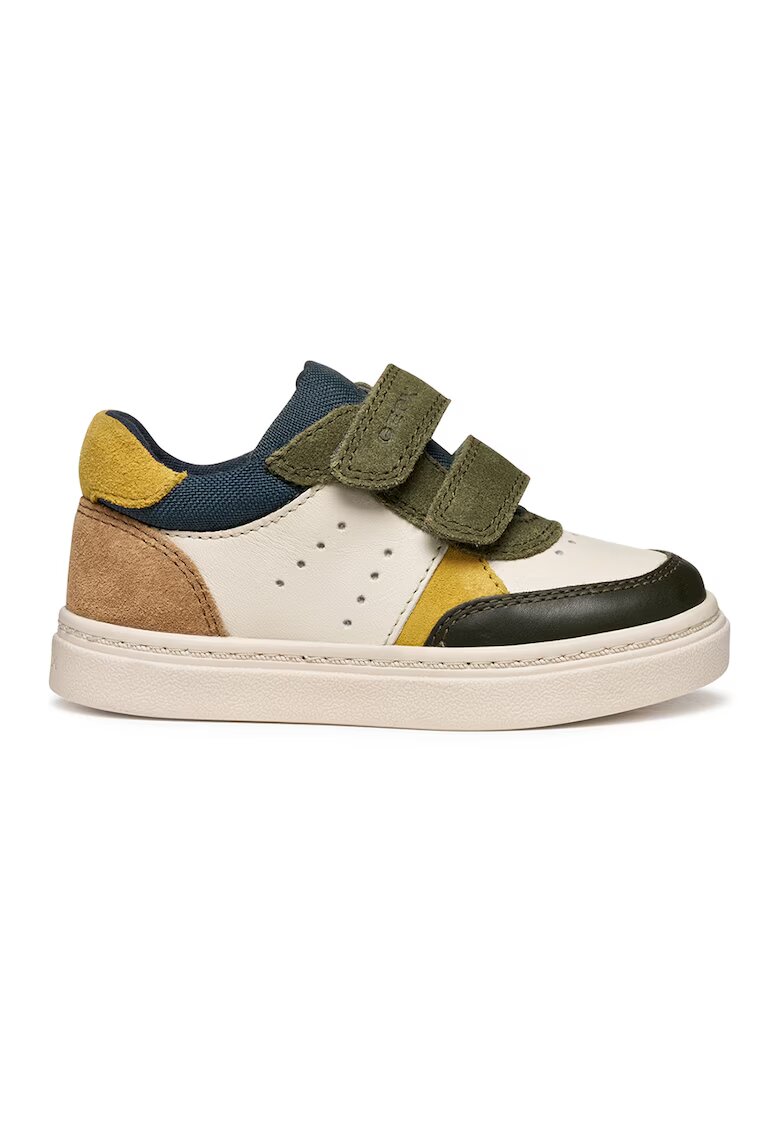 Geox Pantofi sport cu velcro si garnituri din piele intoarsa - Alb fildes/Kaki inchis