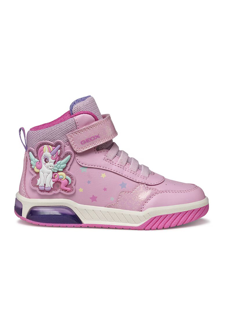 Geox Pantofi sport cu velcro si LED-uri - Alb/Roz pastel/Albastru glaciar
