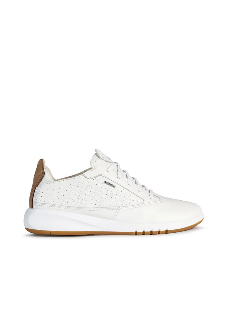 Geox Pantofi sport de piele cu insertii textile - Alb optic/Caramel