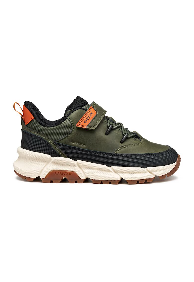 Geox Pantofi sport de piele ecologica cu velcro - Kaki inchis