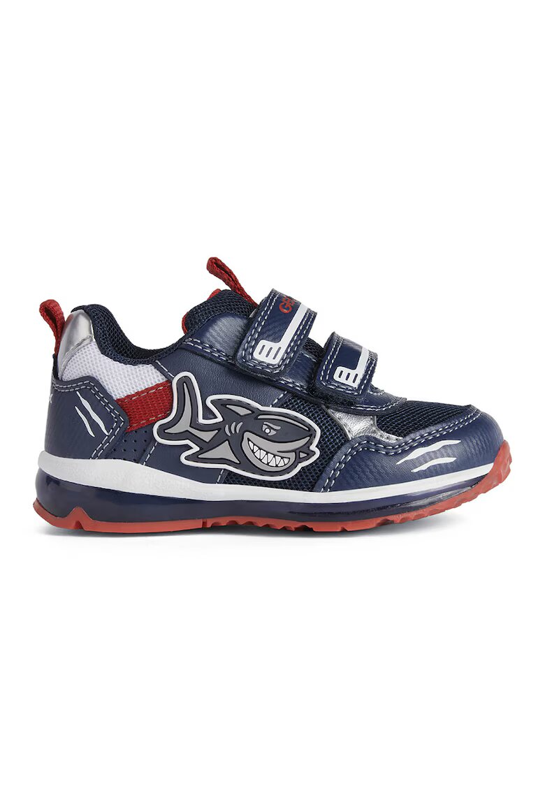 Geox Pantofi sport de piele ecologica si material textil cu velcro - Alb/Argintiu/Bleumarin