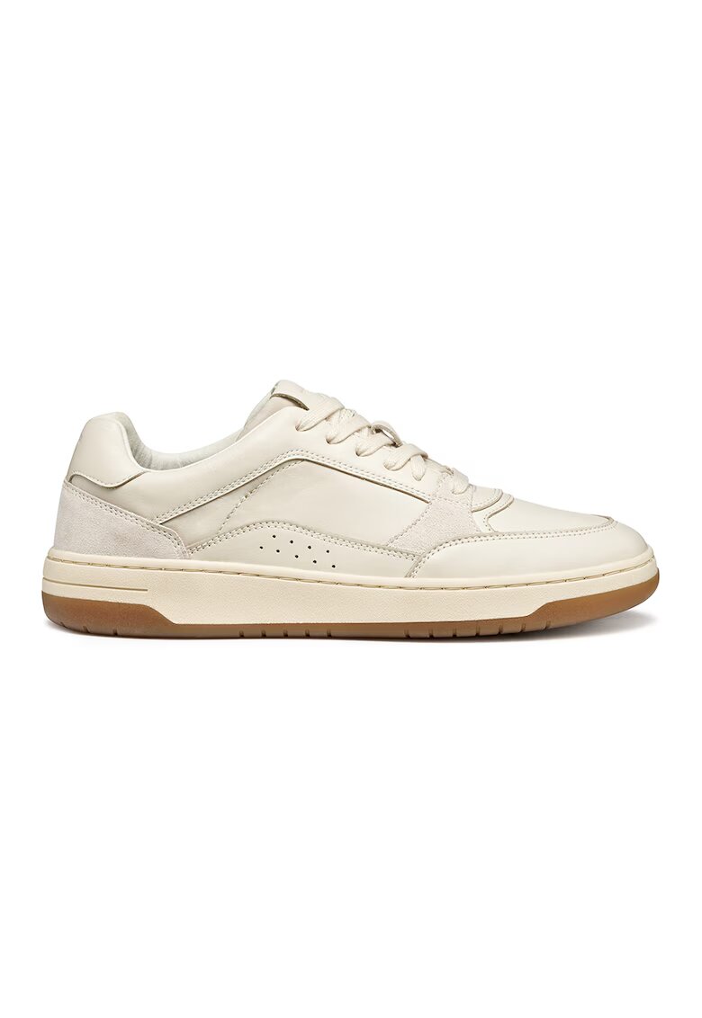 Geox Pantofi sport de piele si piele intoarsa cu talpa plata si insertii textile - Alb fildes